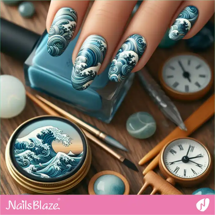 Almond Nails with Ocean Waves Design | Save the Ocean Nails - NB3257